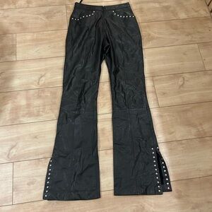 Black Studded Leather Women's Pants